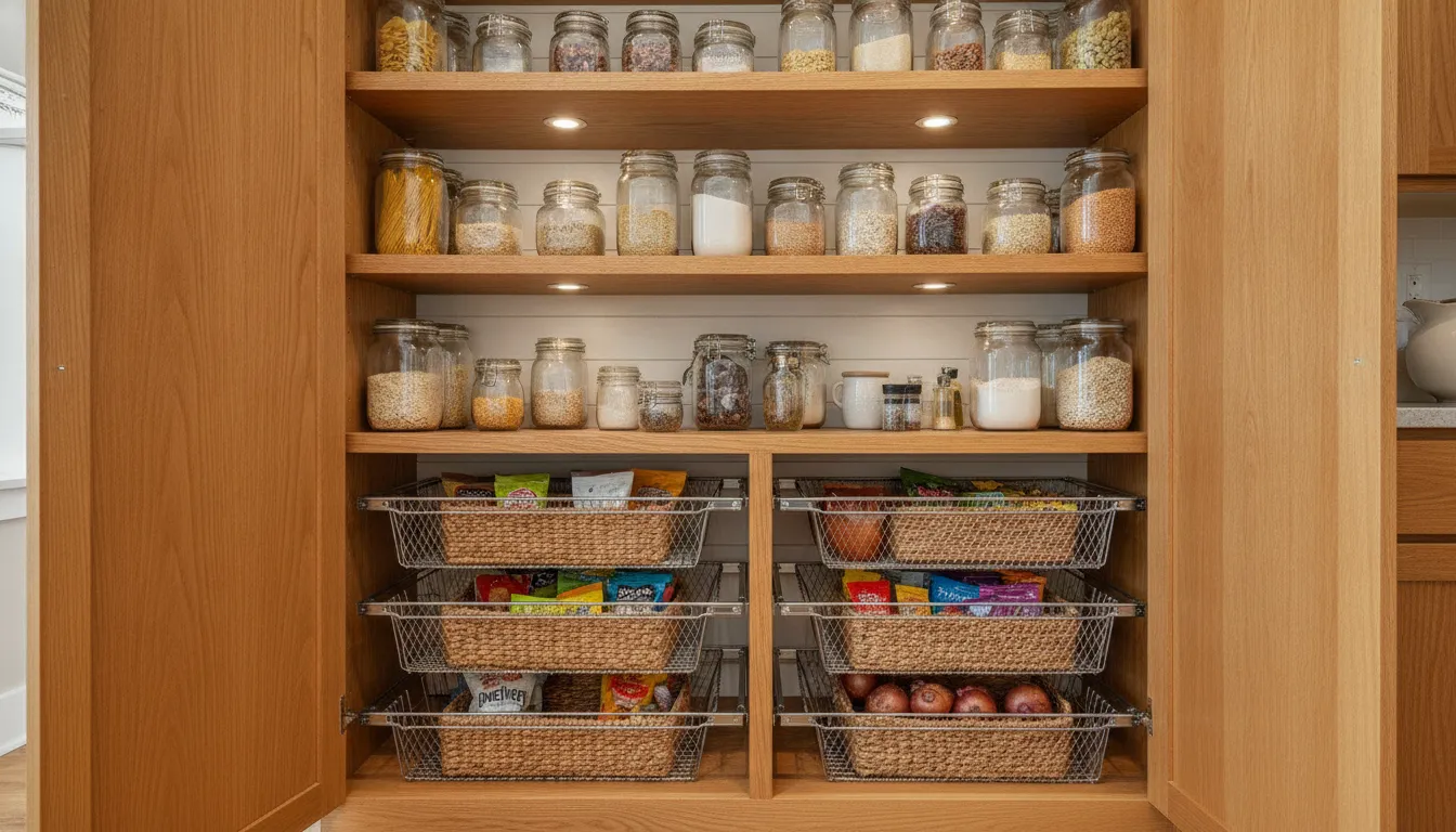 Custom pantry shelves and pull-out baskets installed for organized access