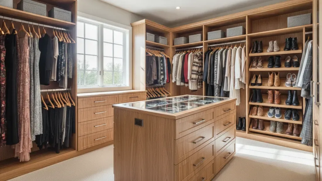 Custom closet zones for hanging clothes, shelves, drawers, and shoes
