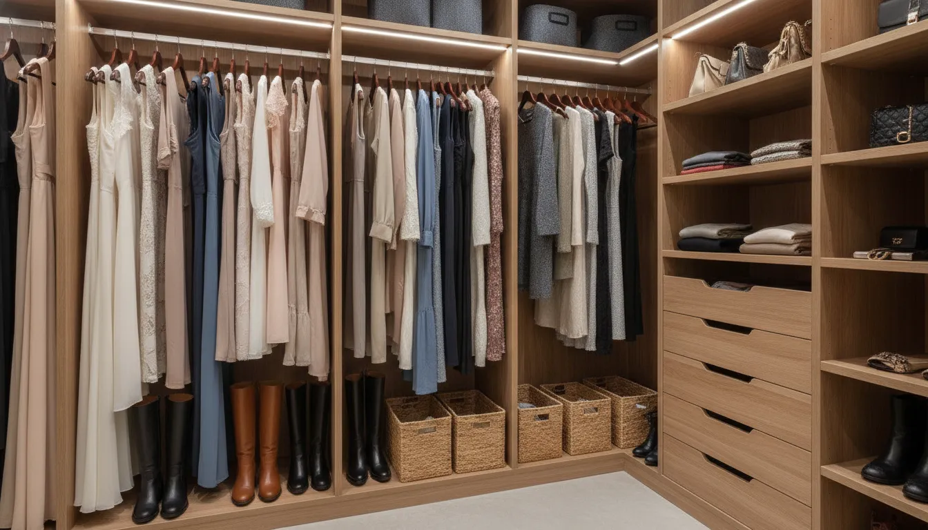 Single-hang closet section with long gowns and coats leaving floor space open for boots