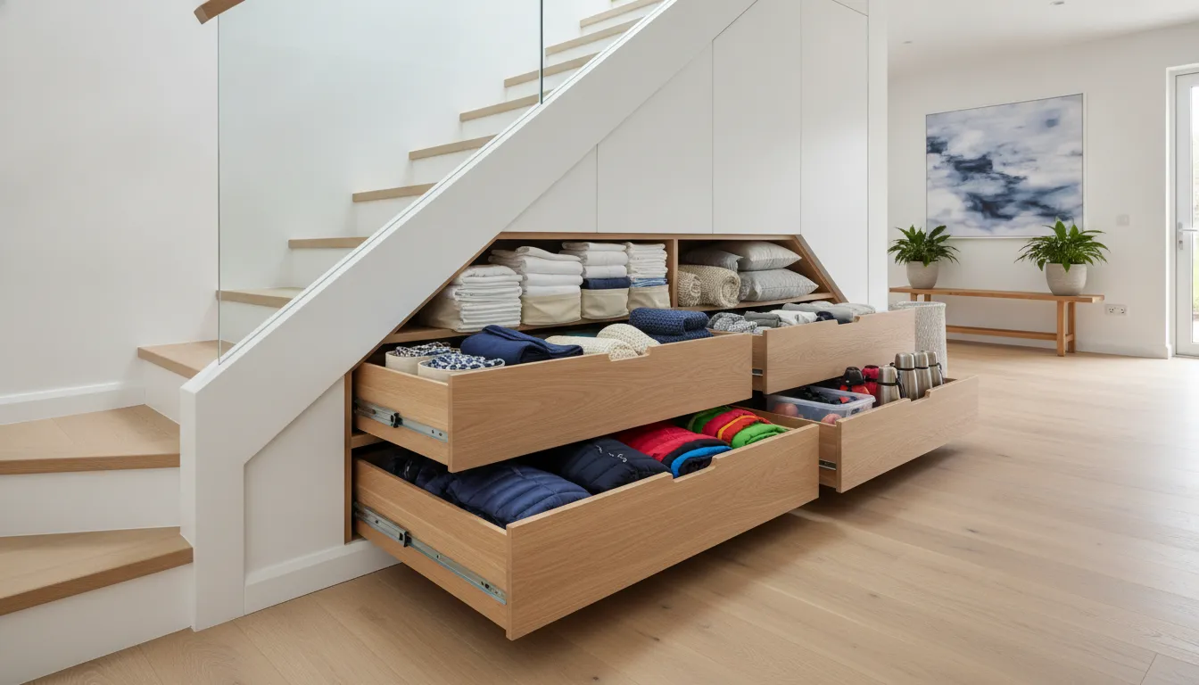 Pull-out drawers fitted into a sloped under stairs storage area