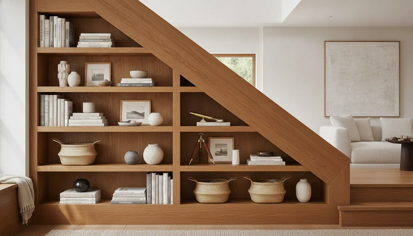 Open shelving under stairs coordinated with a warm home interior finish