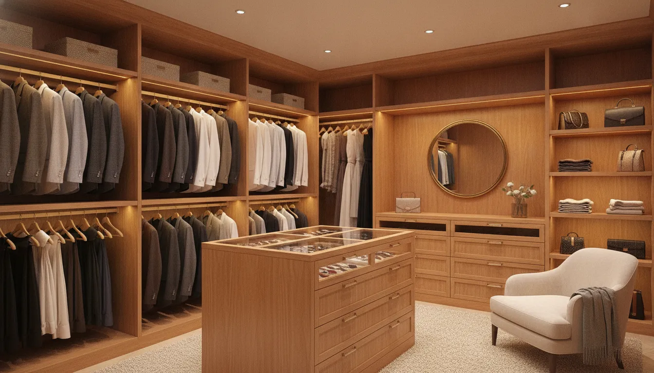 A bright, custom walk-in closet with LED-lit shelving and neatly hung clothing