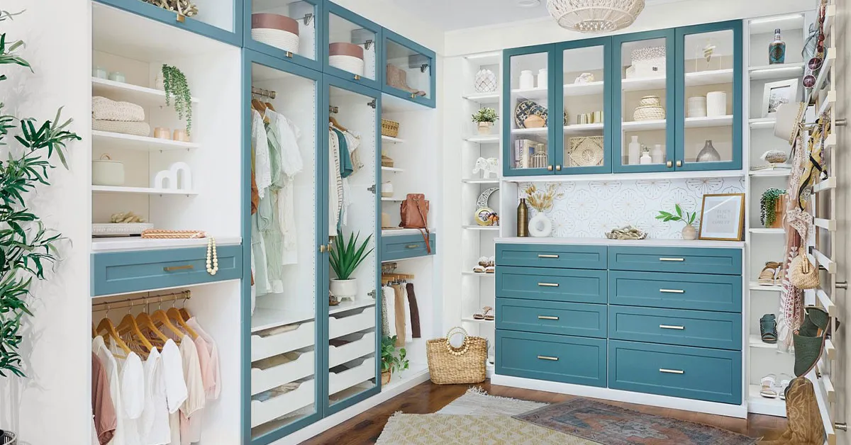 Well-lit walk-in closet with organized storage