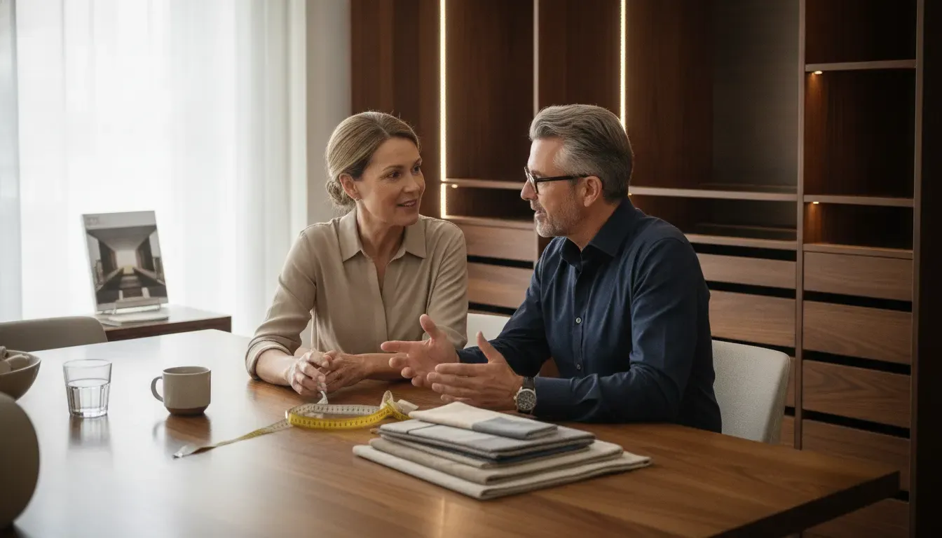 Homeowner reviewing wardrobe materials during an in-home design consultation