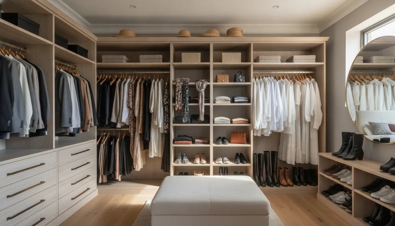 Custom wardrobe layout with drawers, shelves, and hanging sections
