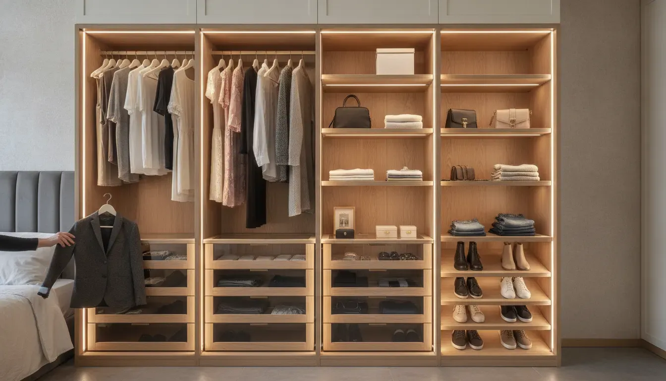 Custom wardrobe with organized hanging storage, drawers, shelves, and shoe sections