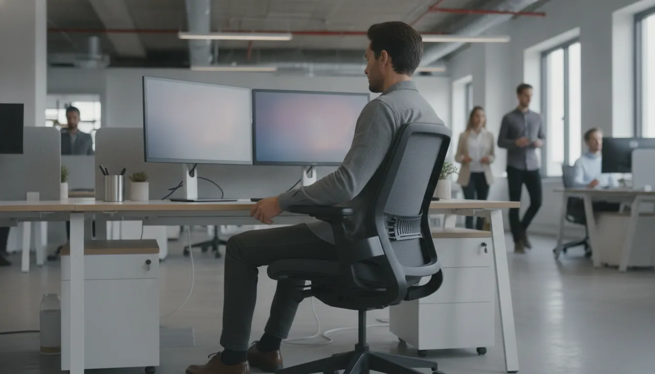 Buyer testing a pre-owned office chair fit and adjustment