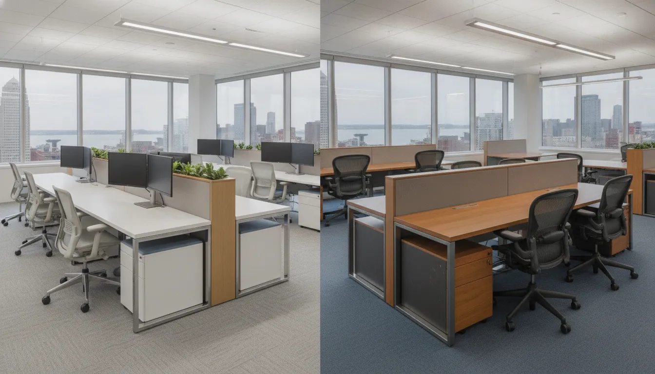 Split view of a modern Cleveland office with new and pre-owned premium office furniture side by side