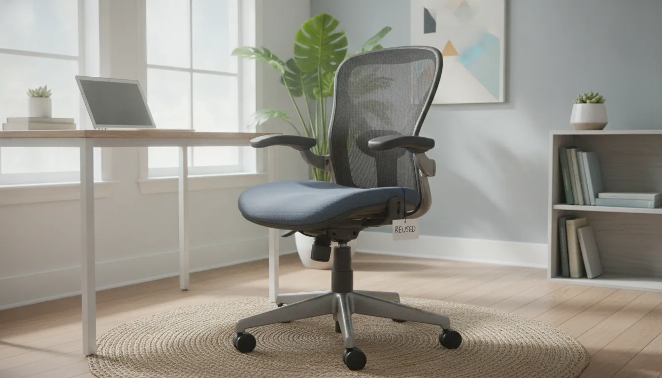 Pre-owned ergonomic office chair with lumbar support in a clean home office workspace