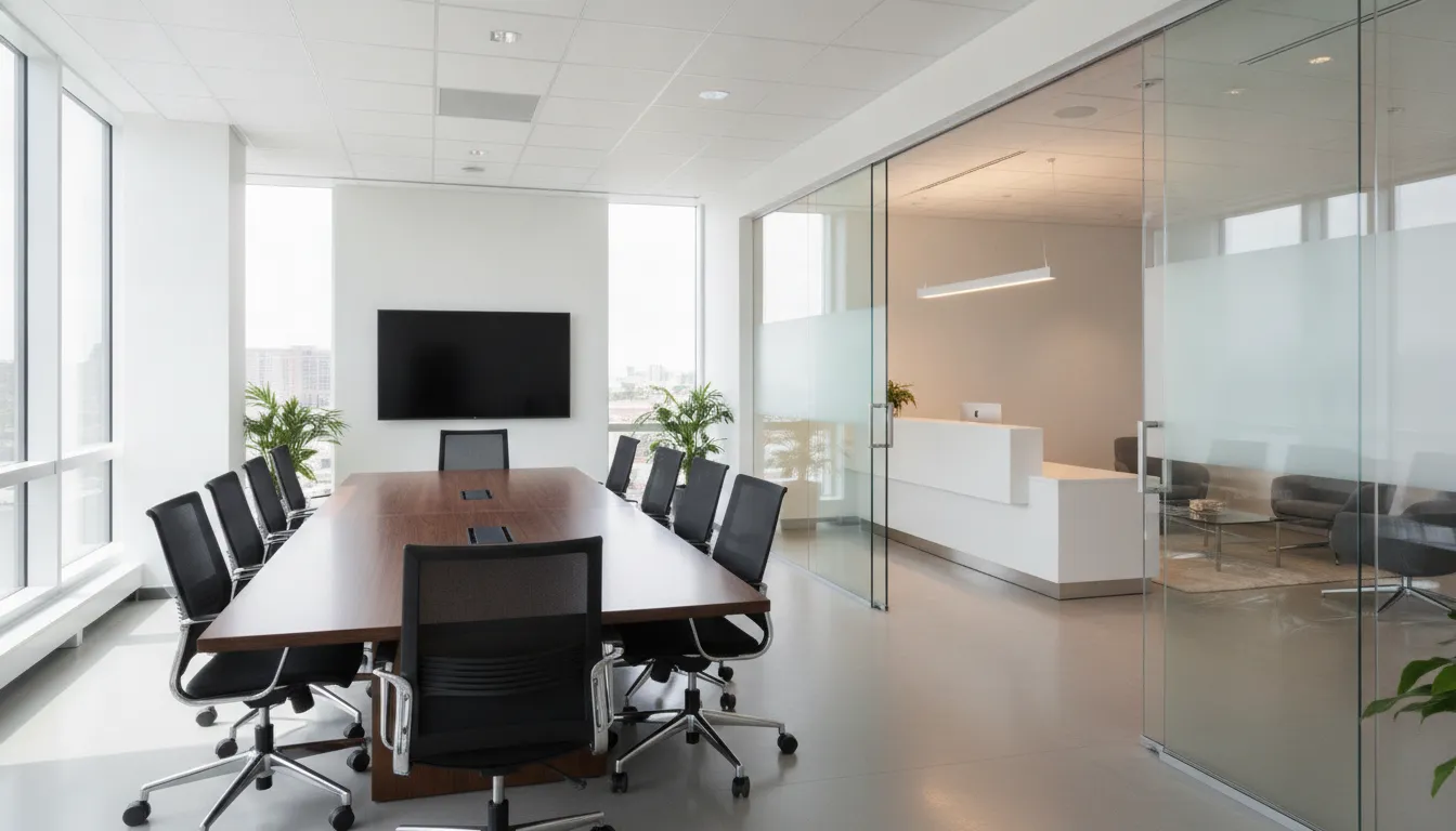 Conference room with table and chairs and a reception desk area with guest seating