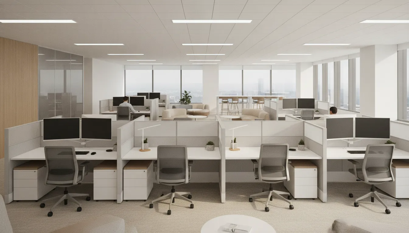 Professional office cubicle workstations in an open-plan layout with moderate-height panel walls