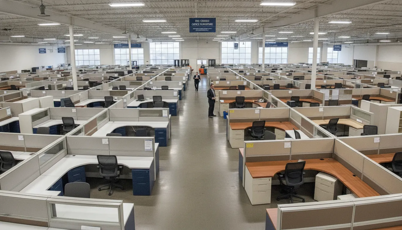 Rows of pre-owned Steelcase and Herman Miller cubicle workstations in a warehouse showroom