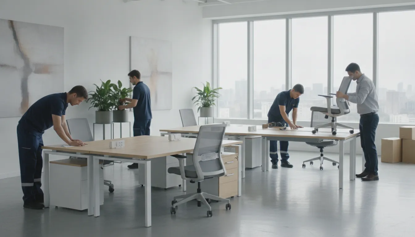 Office Furniture Warehouse delivery team setting up new desks and chairs inside a clean modern office