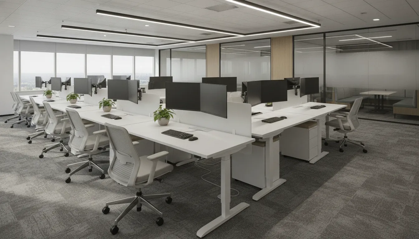 Office workstations and ergonomic task chairs arranged in a bright Cleveland showroom