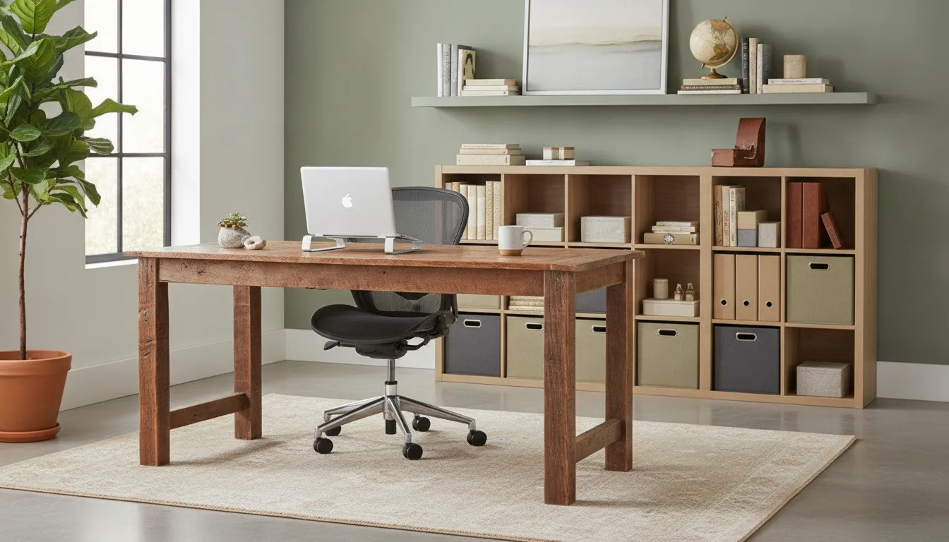 Home office with pre-owned wooden desk, monitor, ergonomic chair and organized storage in a clean workspace
