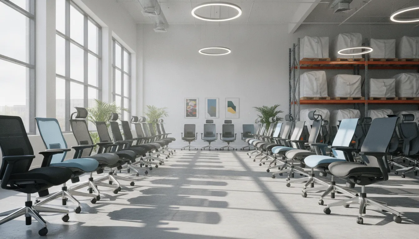 Ergonomic pre-owned mesh-back office chairs arranged in rows in a Cleveland furniture warehouse