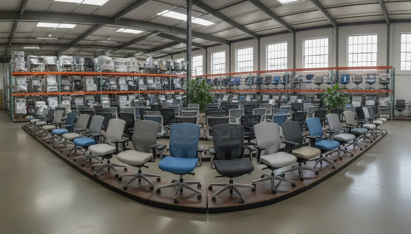 Row of ergonomic task and guest chairs in the Cleveland pre-owned showroom