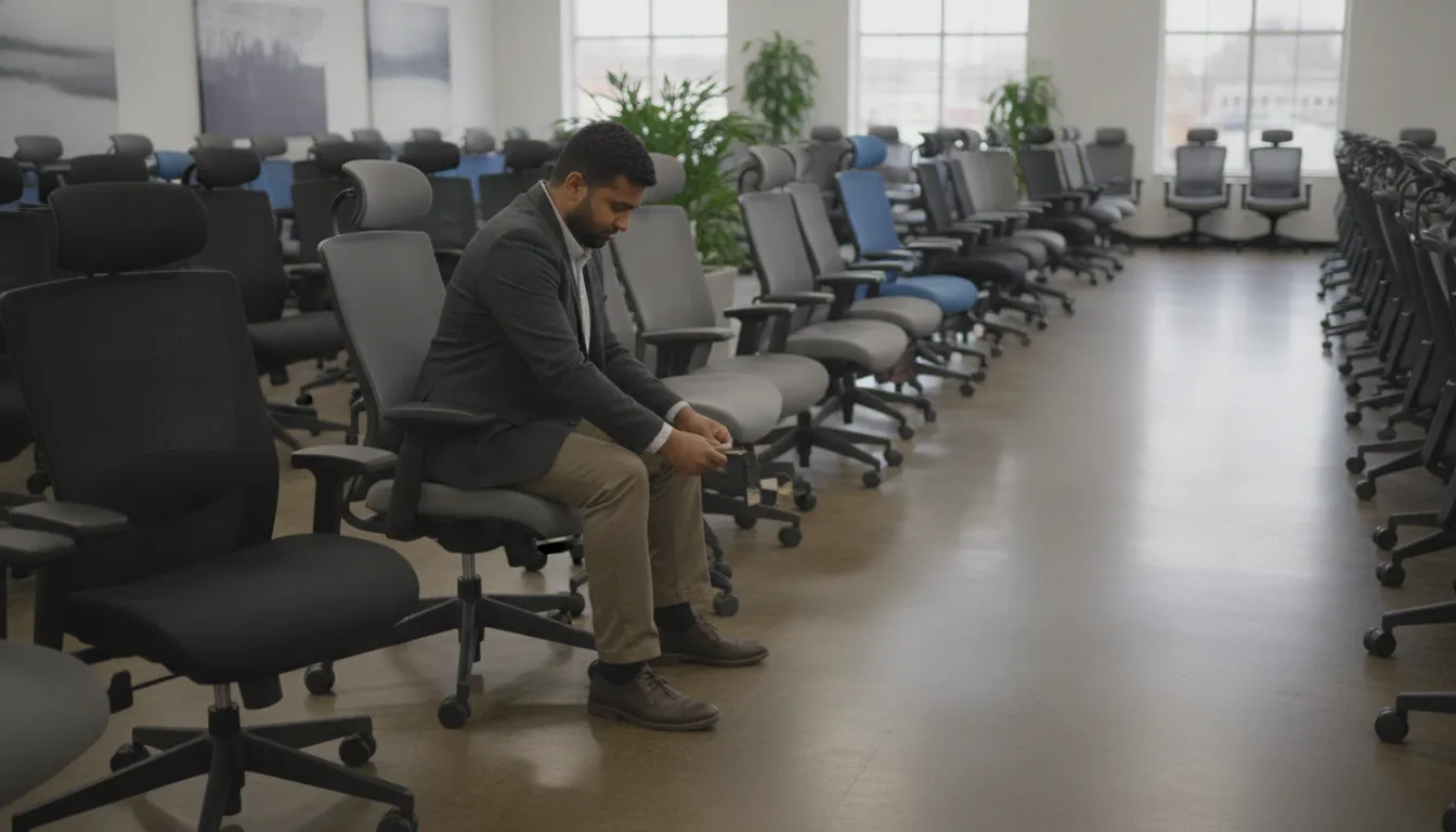 Two modern pre-owned Knoll ergonomic task chairs side by side in a Cleveland showroom
