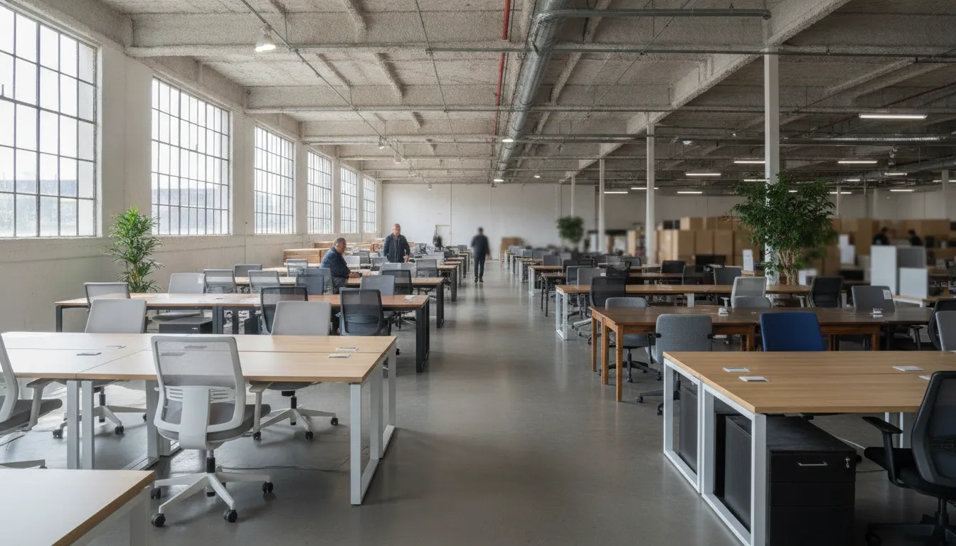 Rows of new and pre-owned office desks and ergonomic chairs in the Office Furniture Warehouse showroom in Cleveland