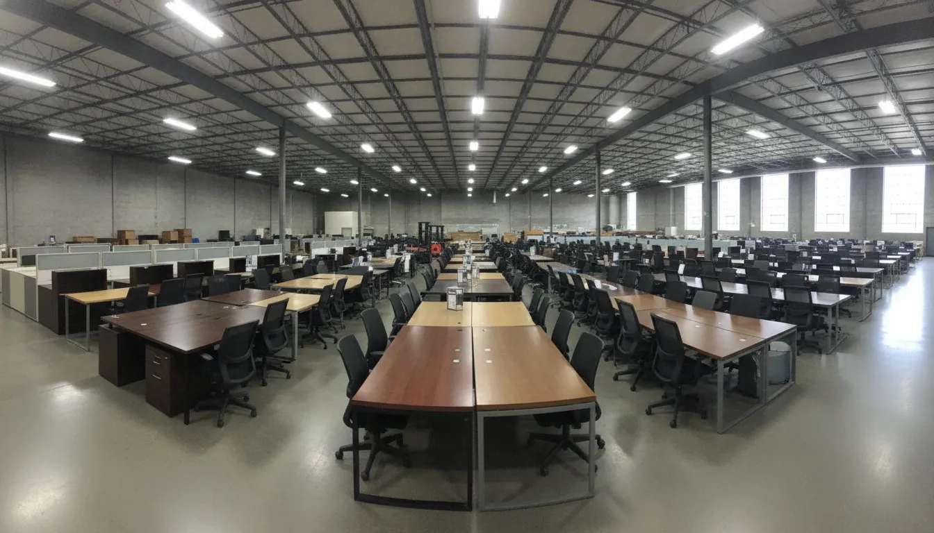 Cleveland office furniture showroom with rows of pre-owned desks and ergonomic chairs ready for pickup