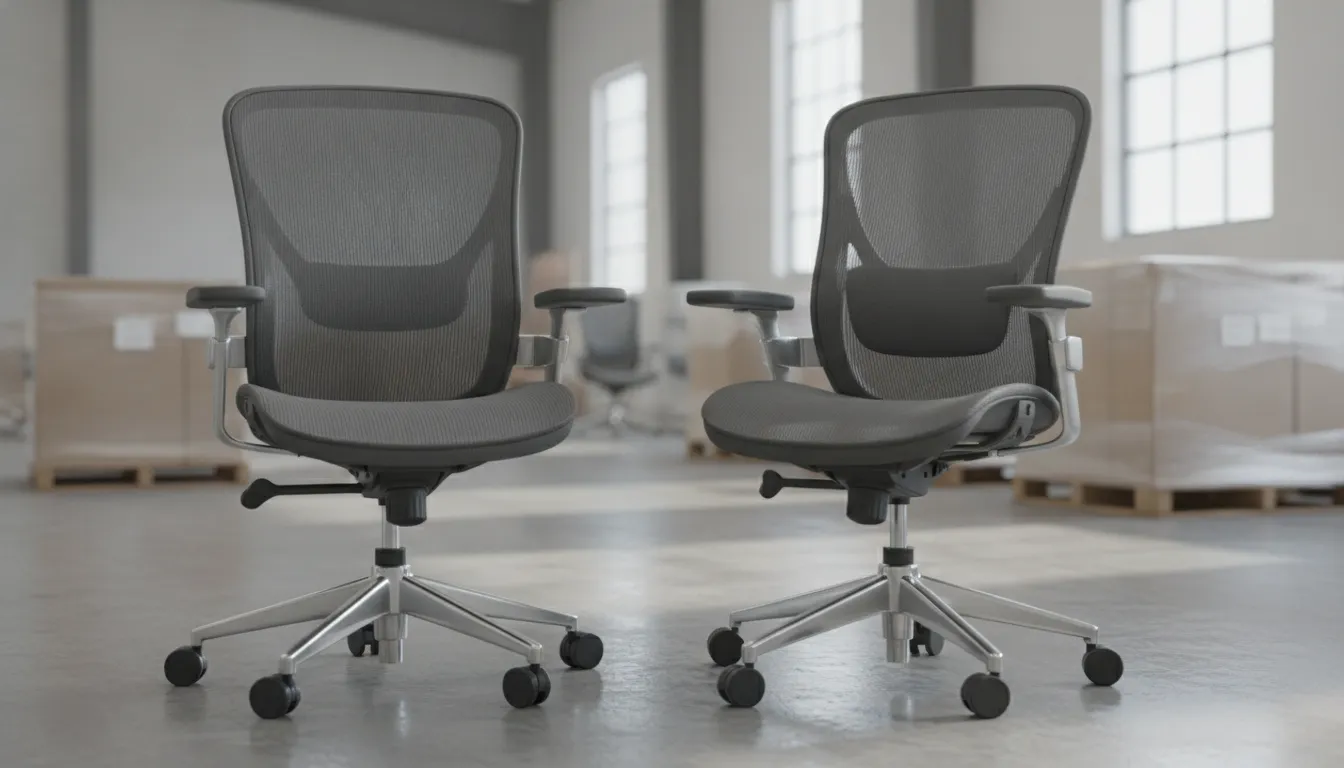 Two high-quality mesh-back ergonomic office chairs with five-star casters side by side
