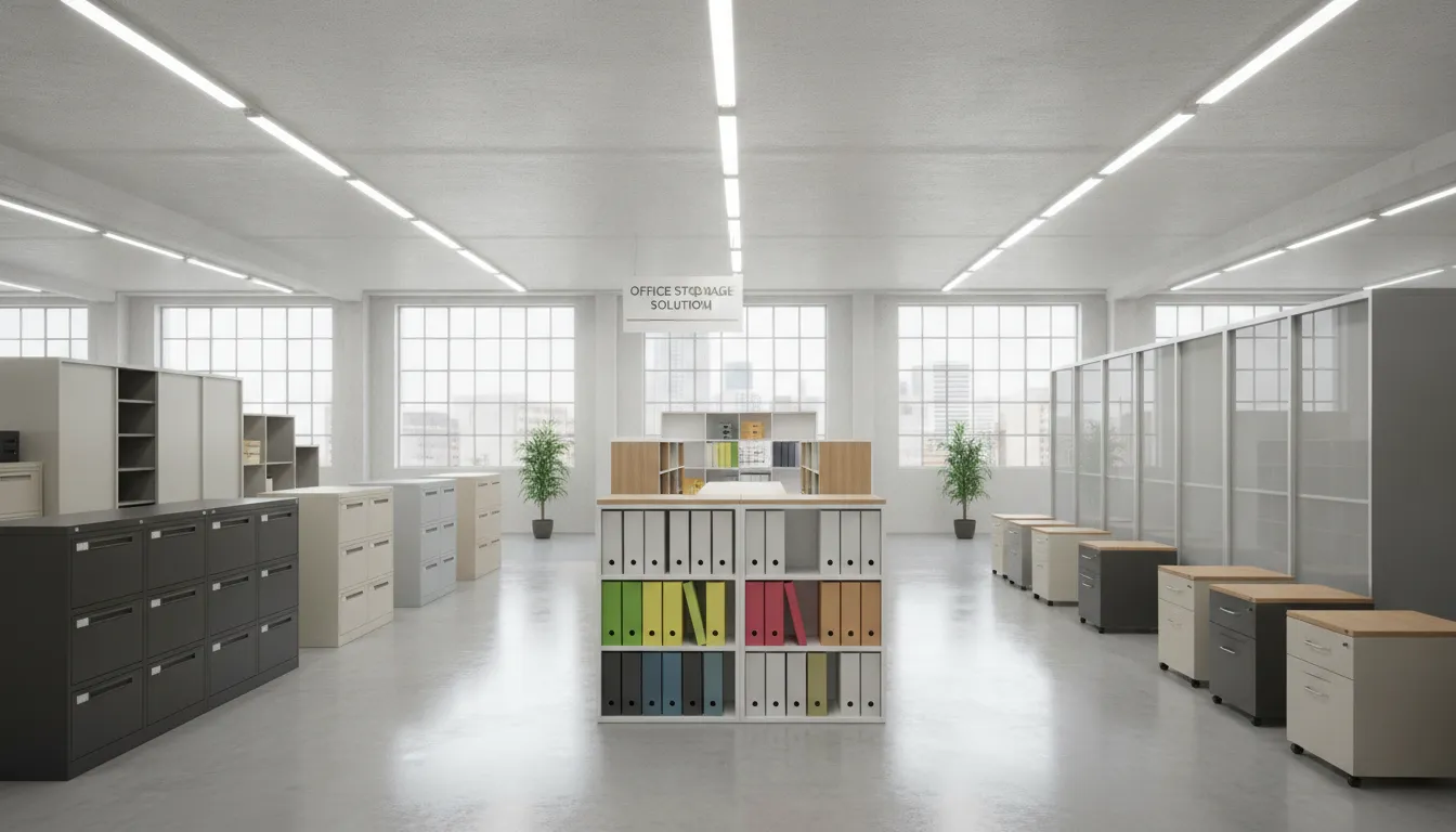 Row of lateral file cabinets in an office setting showing organized office storage