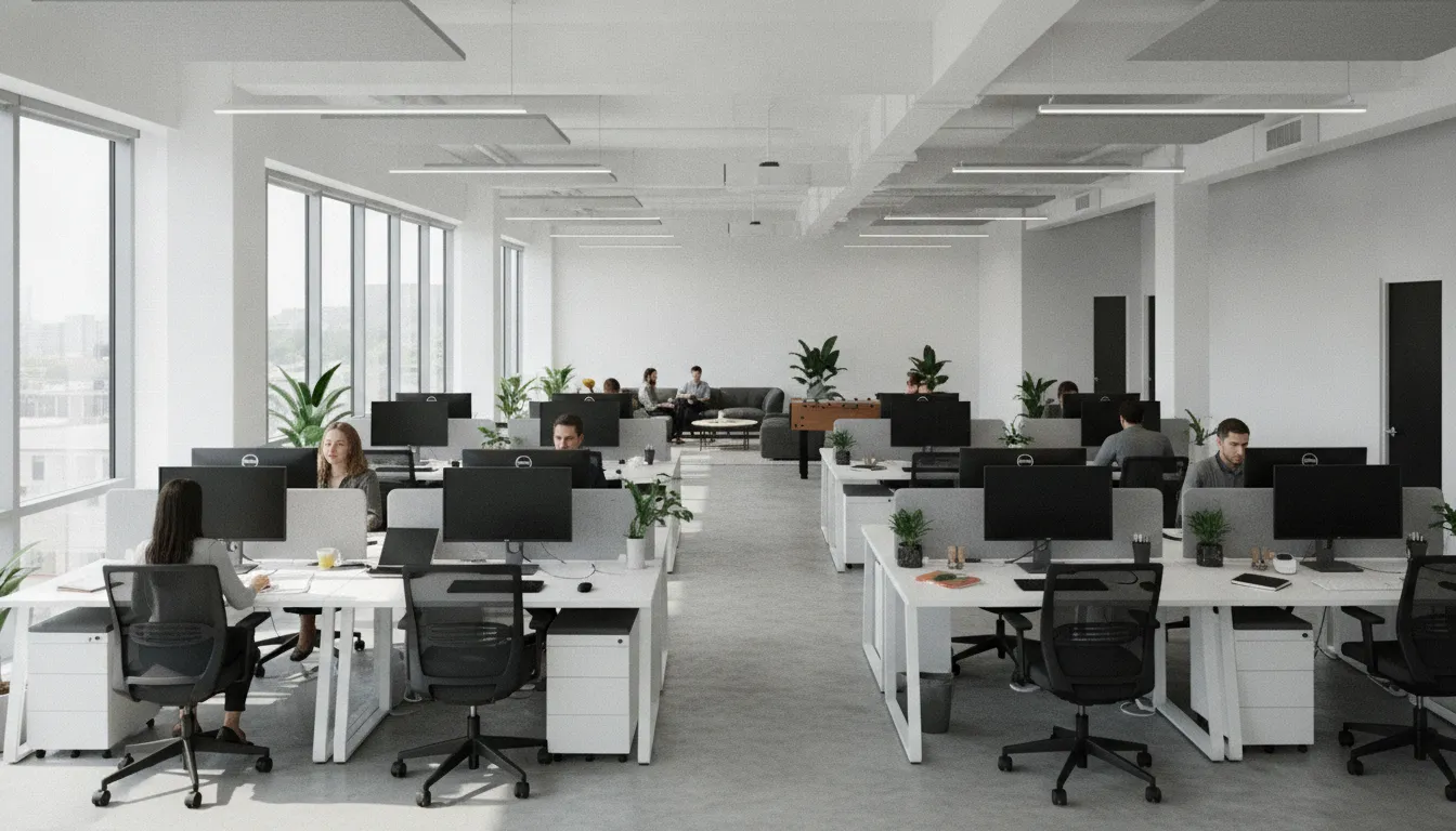 Open plan startup office layout with desks and chairs designed for team collaboration