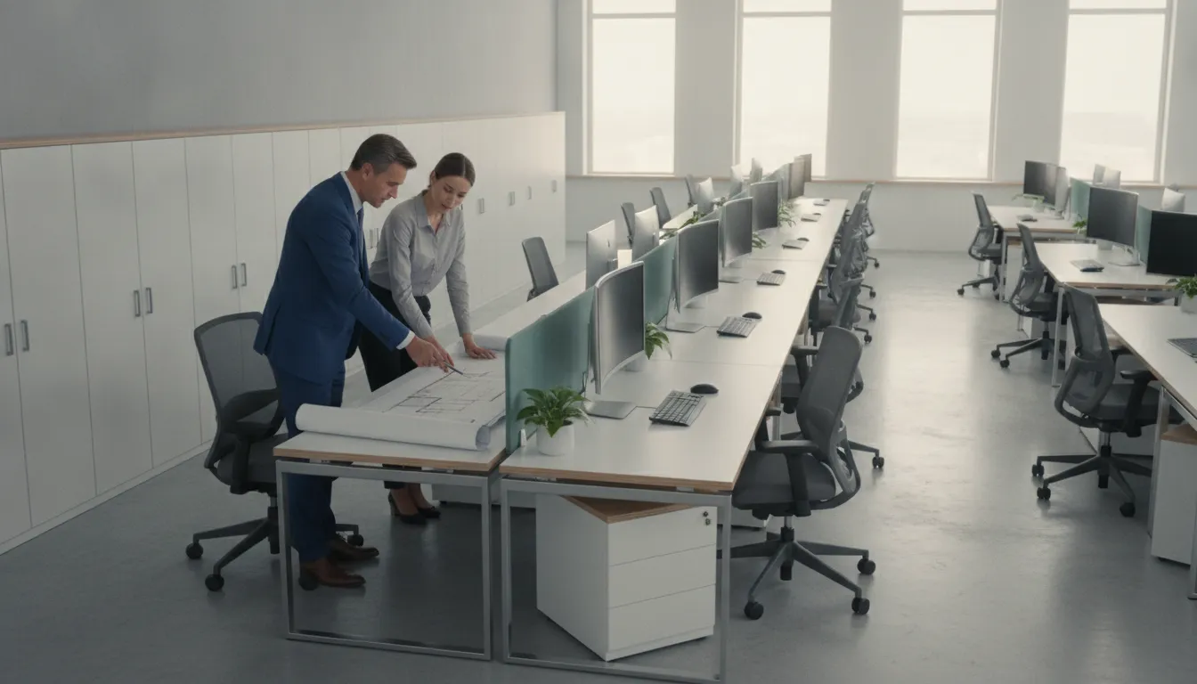 Open office workspace with desks, ergonomic chairs, and a manager reviewing a floor plan