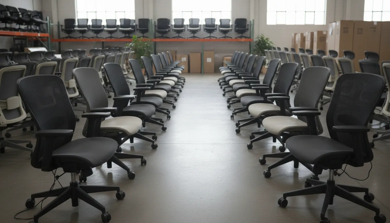 Rows of pre-owned ergonomic office chairs in the Cleveland warehouse showroom