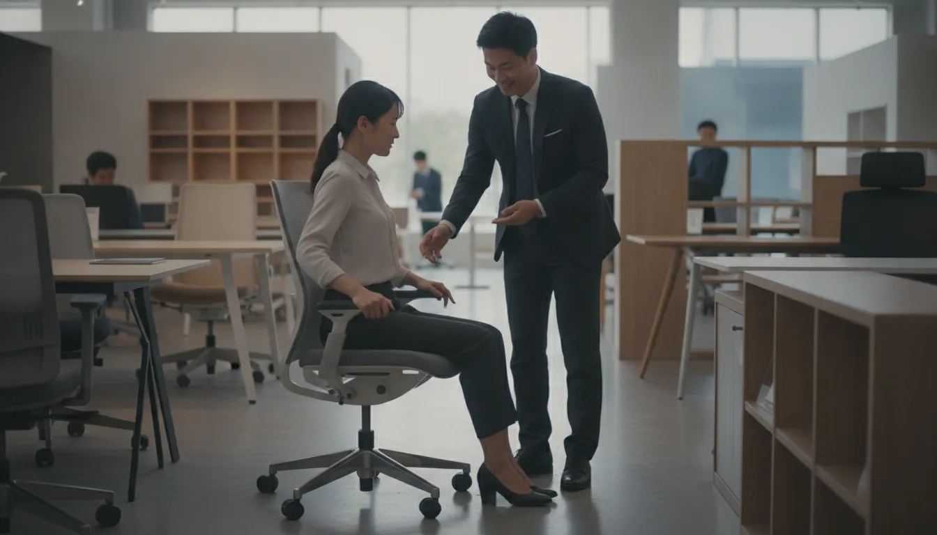 Buyer testing seat height and armrest adjustments on a pre-owned ergonomic office chair at the showroom
