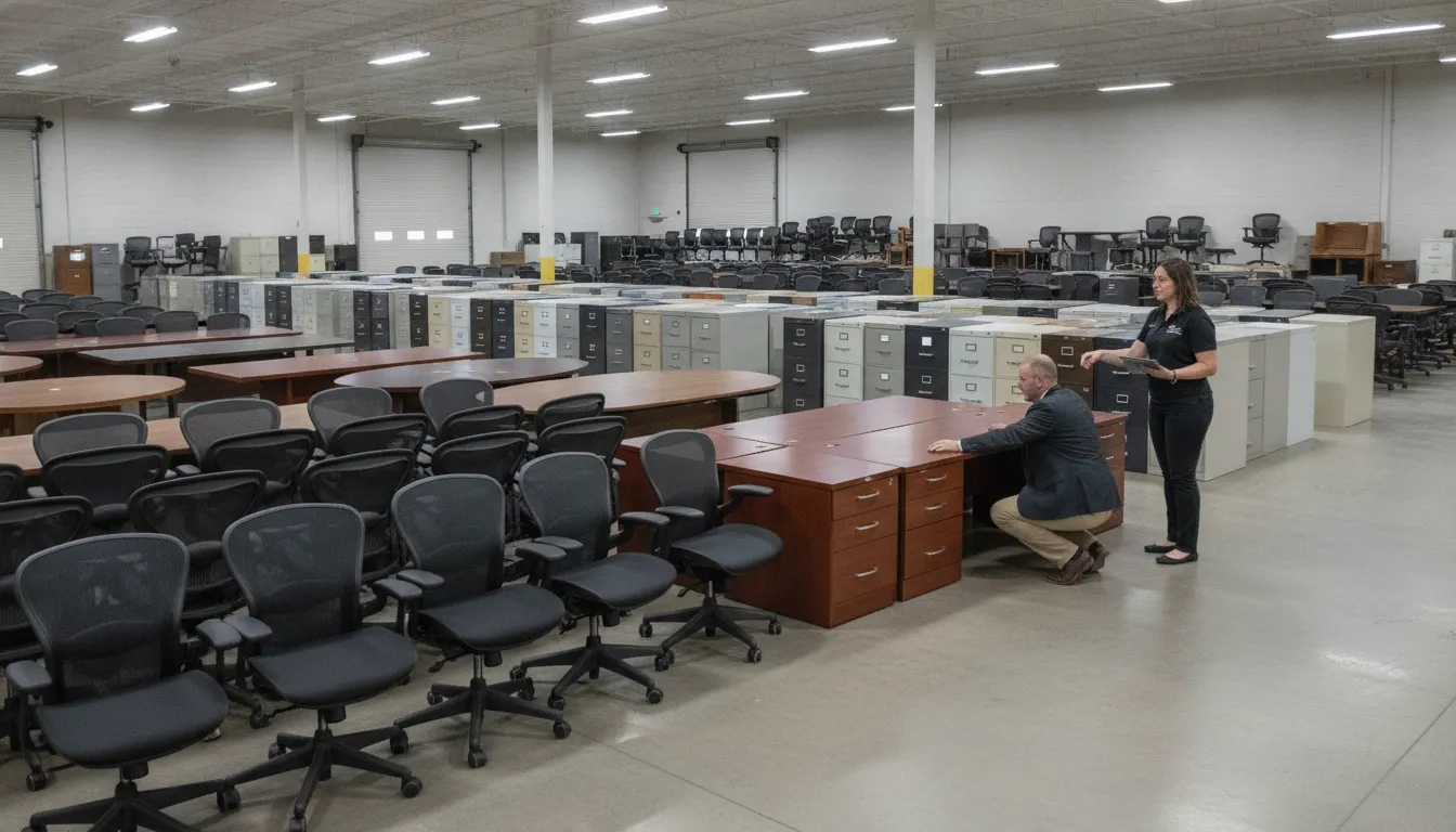 Pre-owned desks, chairs, and storage grouped for office furniture liquidation review