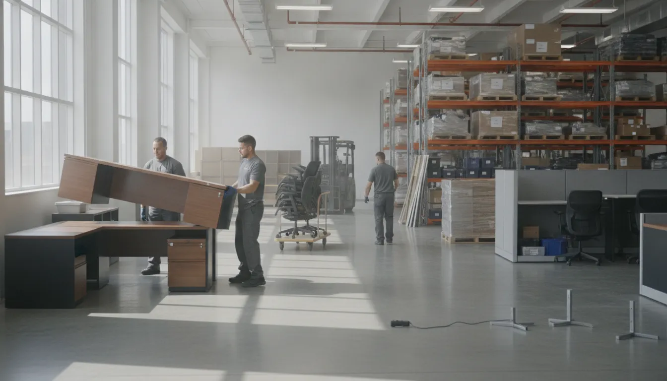 Professional office furniture liquidation process with desks and chairs being prepared for removal