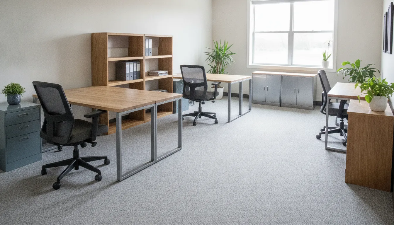 Practical budget office layout with desks, task chairs, storage, and open walkways
