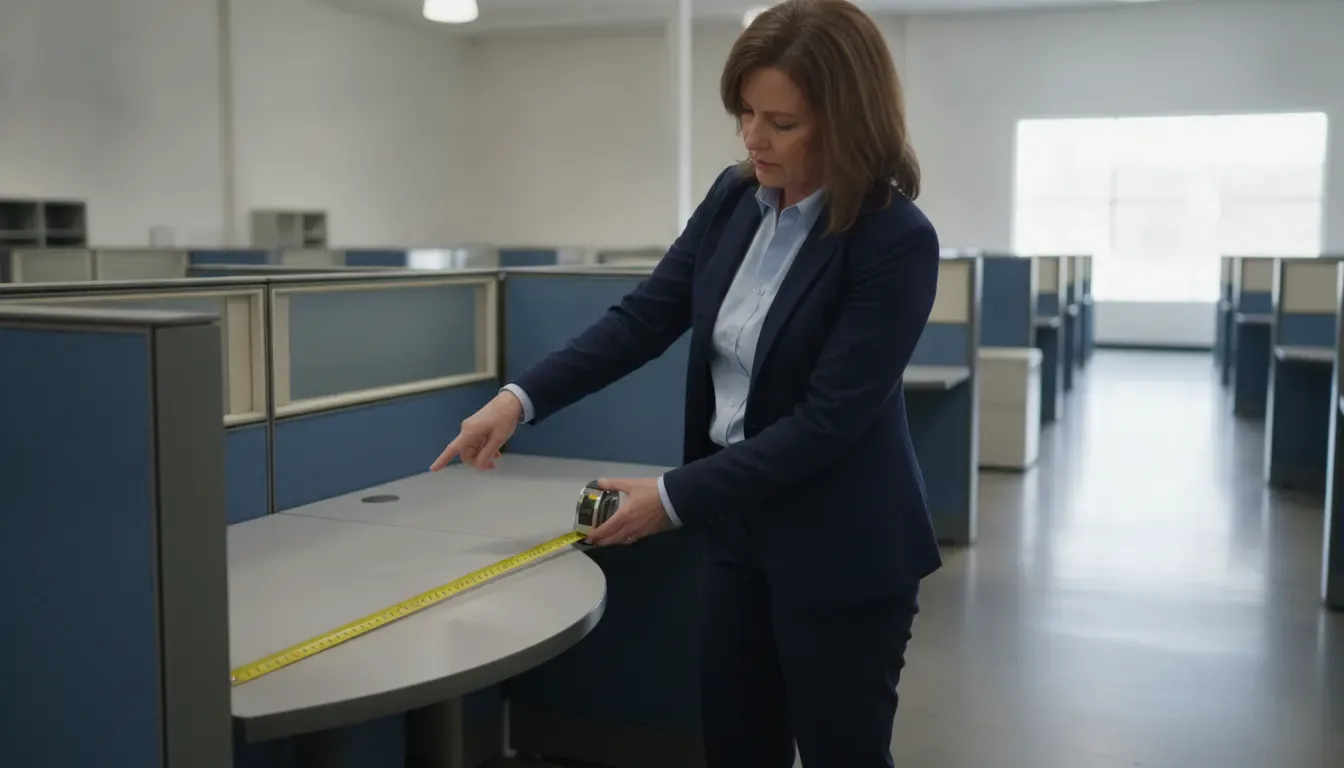 Facilities manager measuring a used cubicle workstation during an inspection