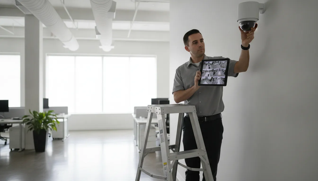 Technician planning business security camera coverage with a tablet