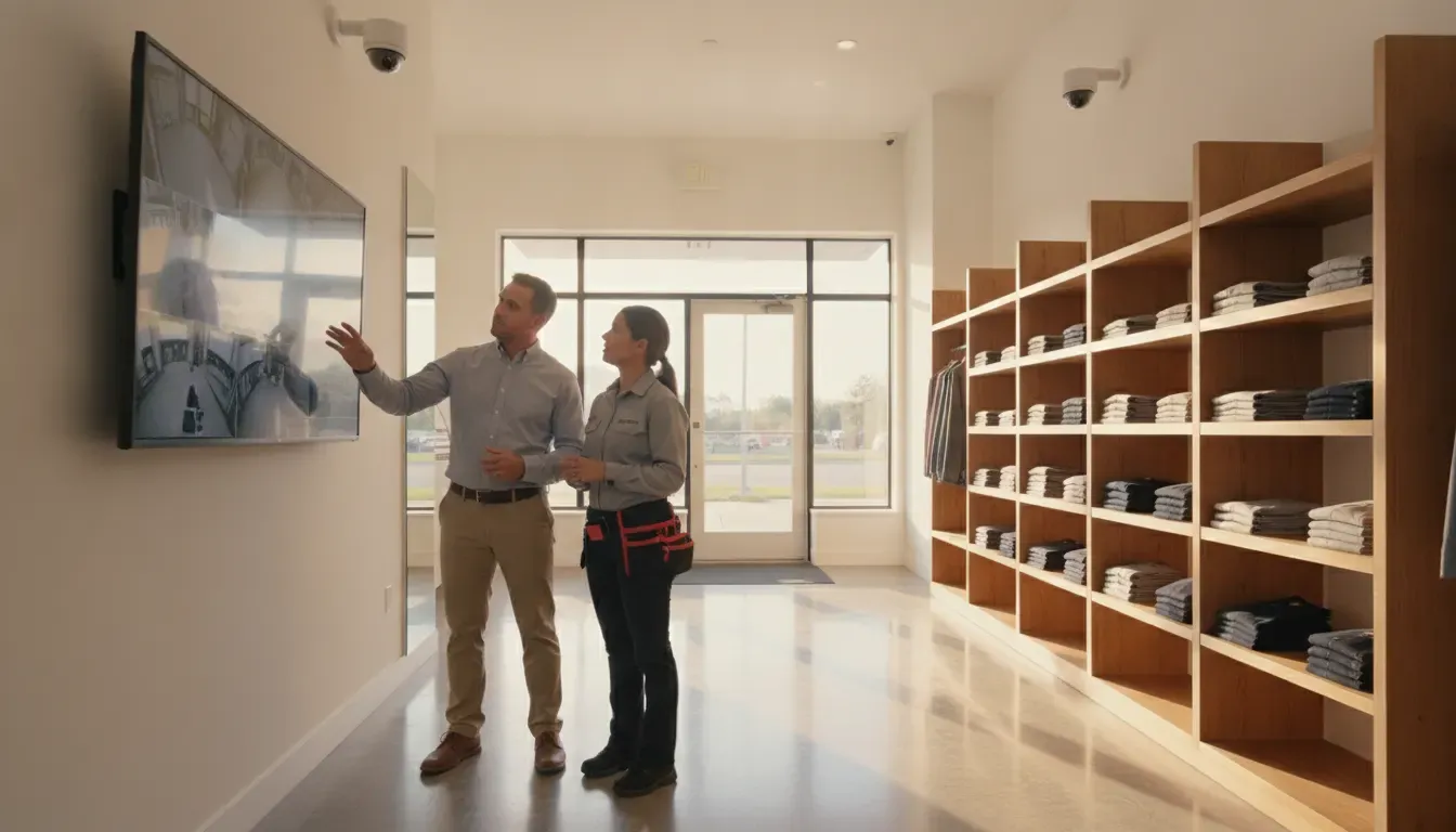 Business owner reviewing the best security cameras for business with a professional installer
