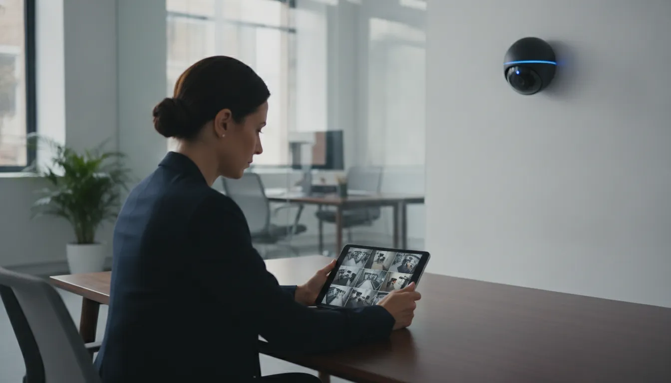 Business owner reviewing security camera footage on a tablet while a security camera monitors the office