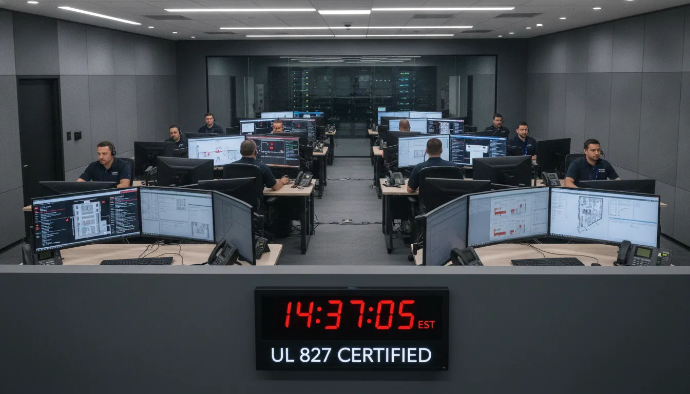 UL 827 certified central station monitoring center with professional technicians monitoring commercial fire alarm signals