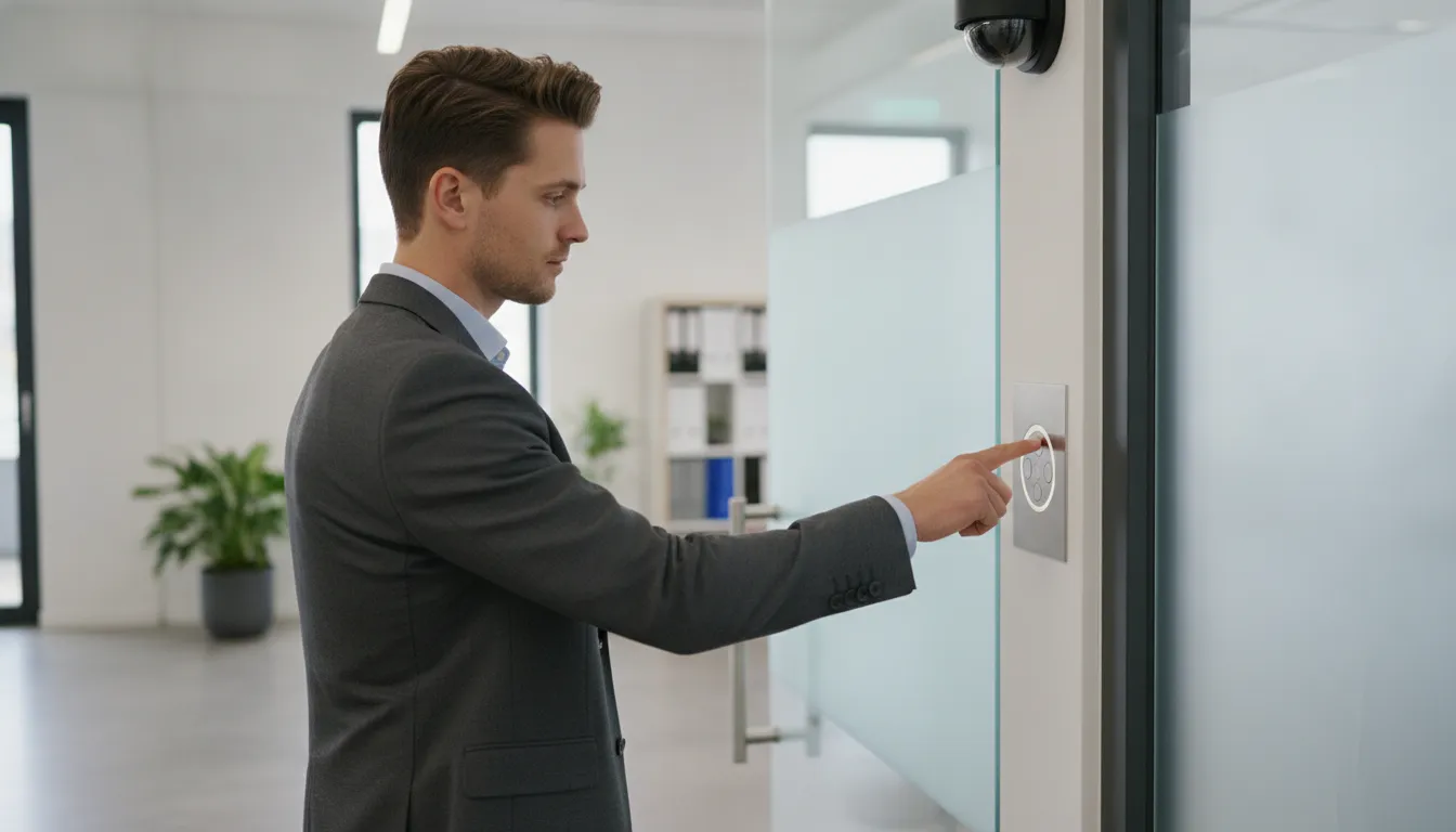 Small business employee entering a keyless code on a commercial door keypad with security camera overhead