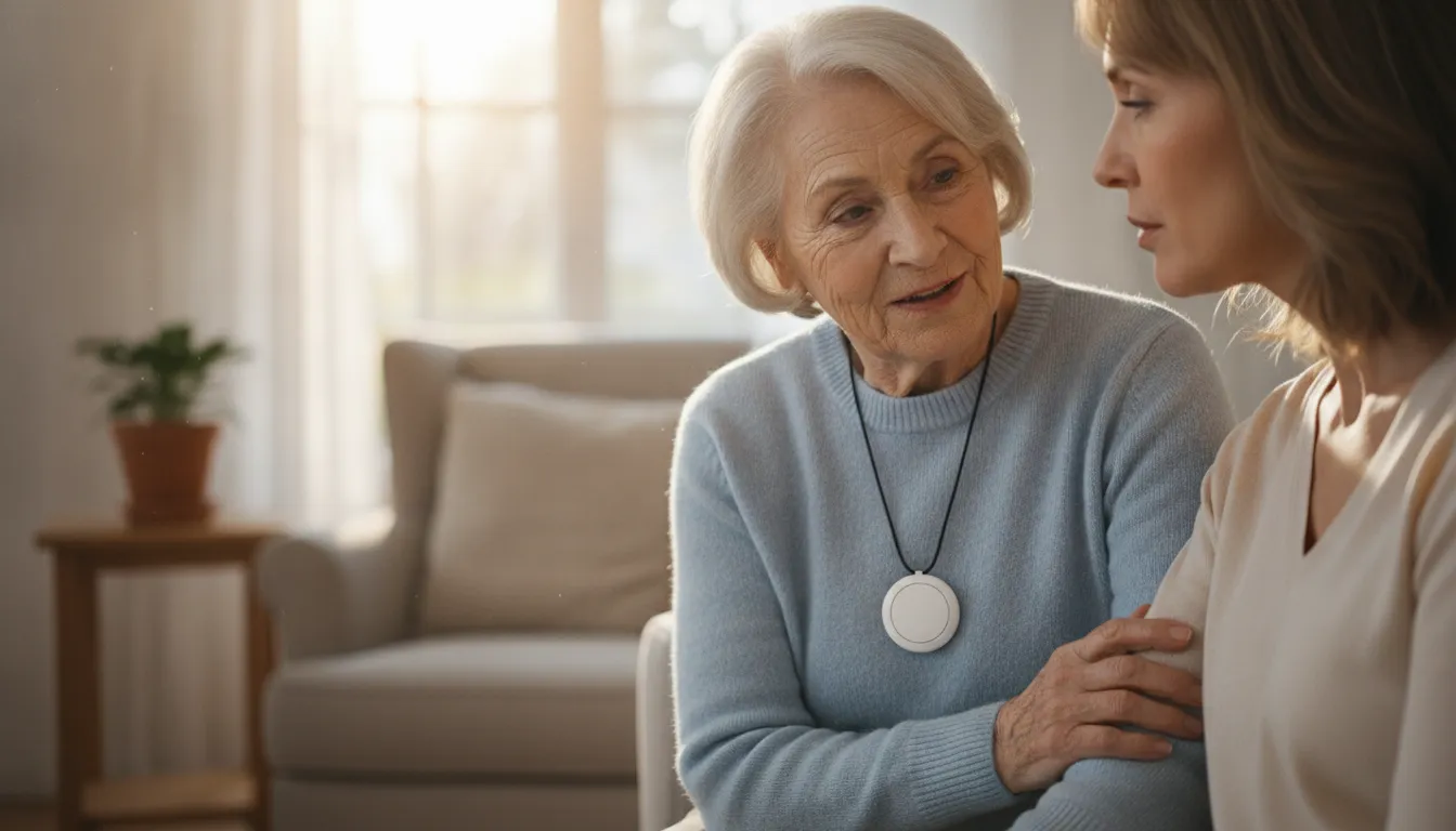 Senior wearing a medical alert pendant while talking with her adult daughter at home