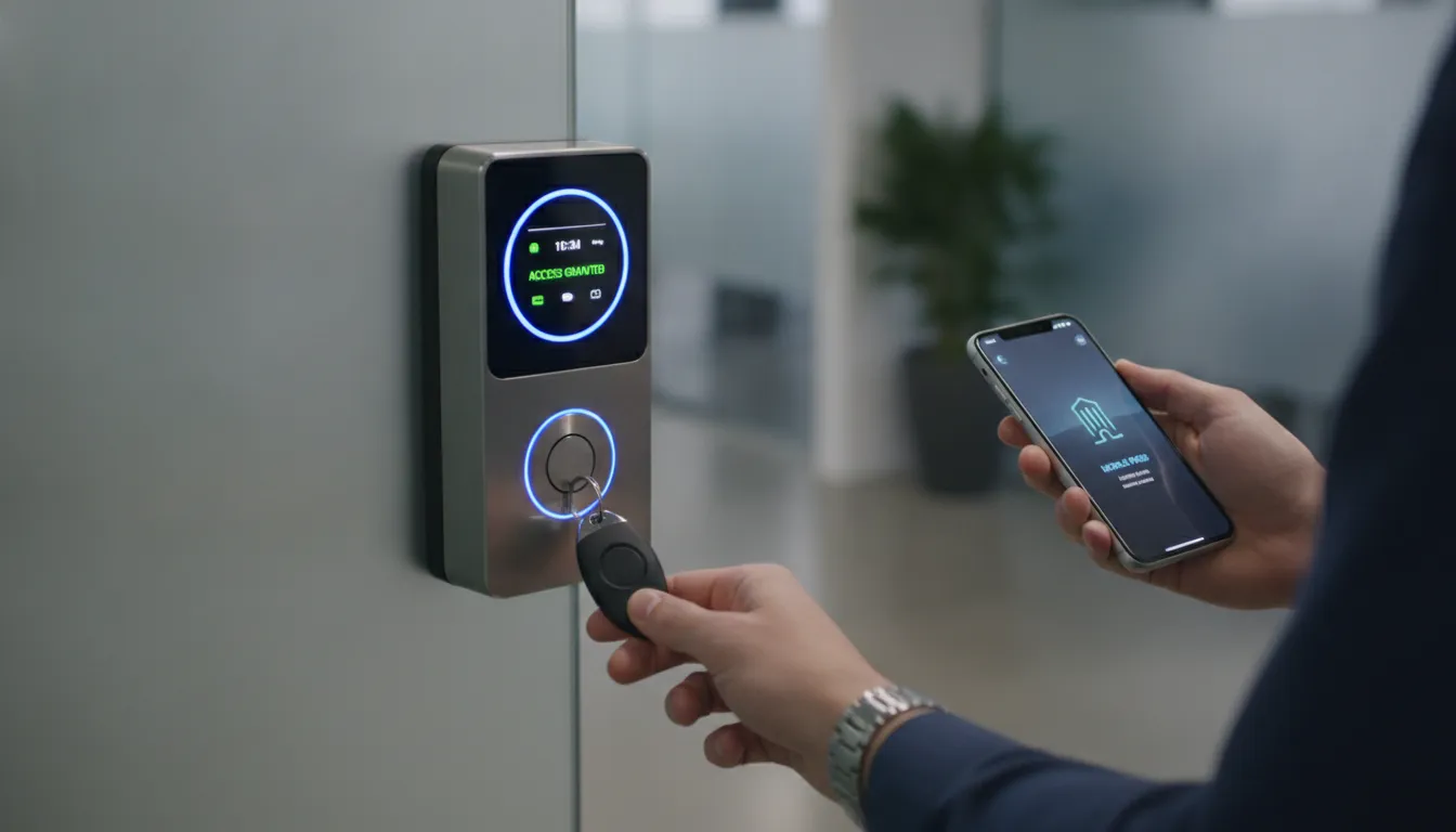 Commercial access control reader with a key fob and smartphone mobile credential