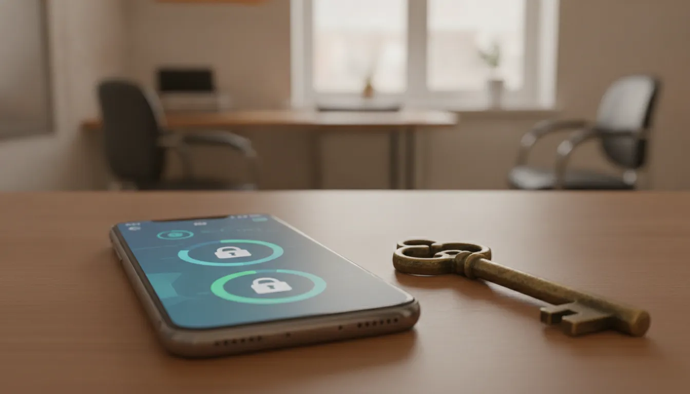 Smartphone showing a digital access control app beside a traditional metal key on an office desk