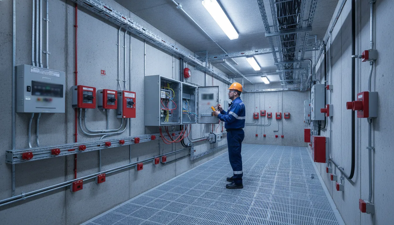 Technician reviewing a commercial fire alarm system design and device layout