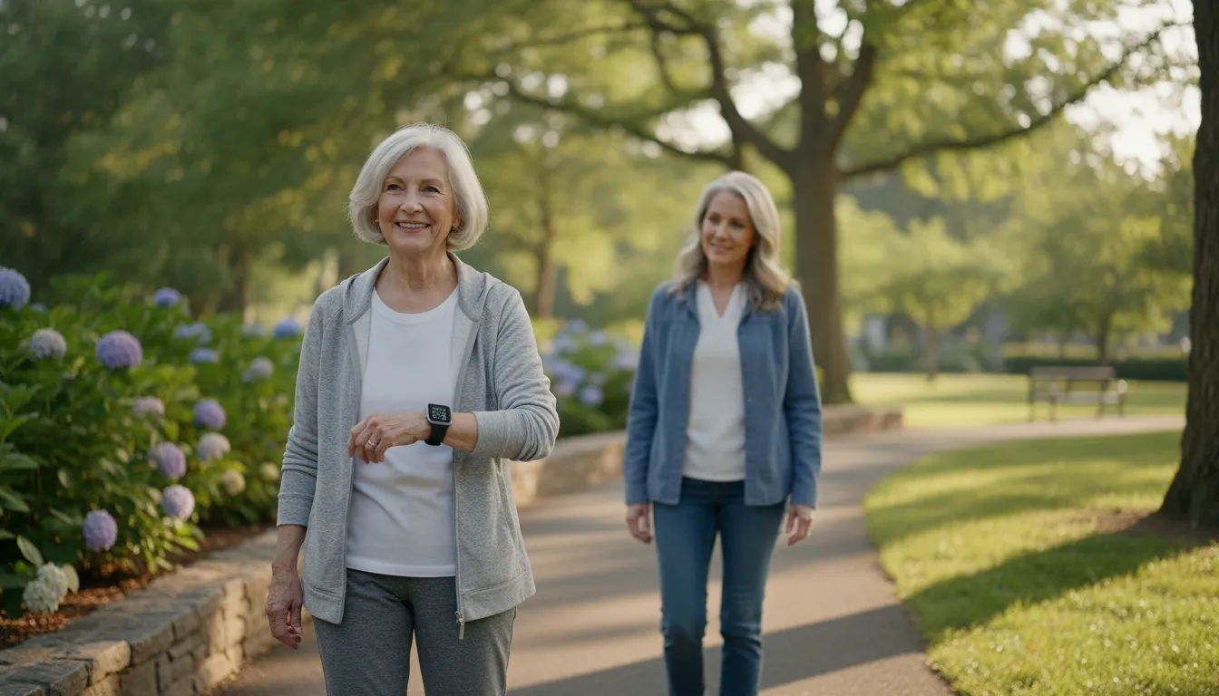 Senior wearing a GPS medical alert smartwatch while walking outdoors