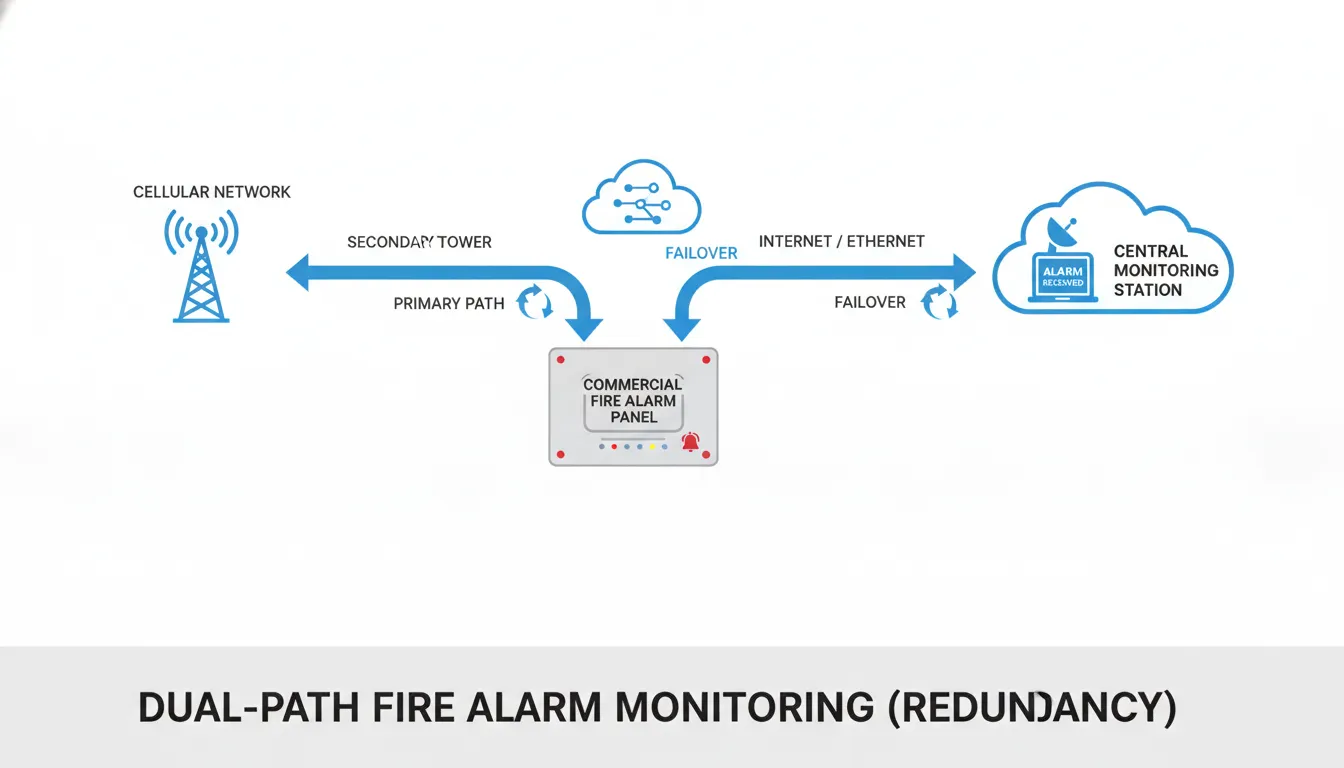 Diagram showing dual-path communication with cellular and internet redundancy for commercial fire alarm monitoring