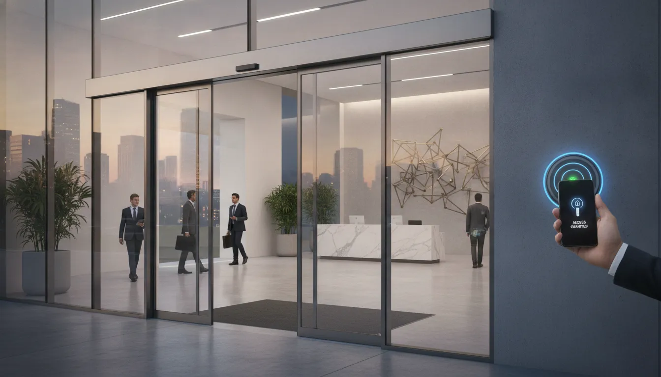 Commercial building entrance with smartphone mobile credential access control system
