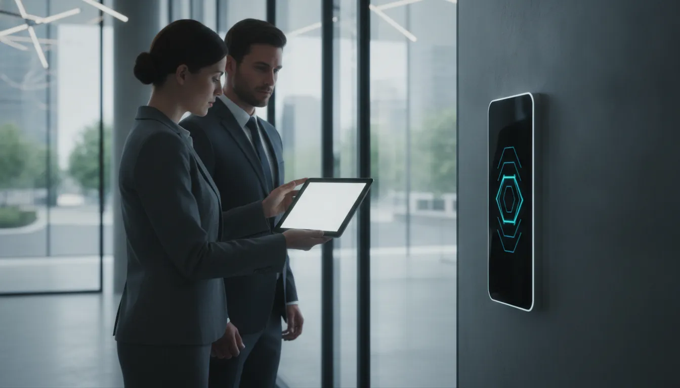 Professional property manager using a tablet to manage commercial building access at a modern corporate entrance with glass doors
