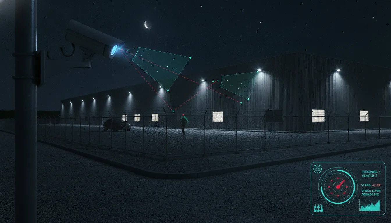 AI-powered security camera system monitoring a warehouse perimeter at night with glowing analytics overlay showing person detection zones