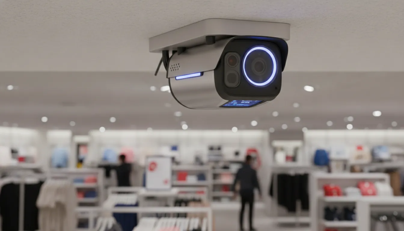 Close-up of AI security camera system with blue LED indicator in retail environment