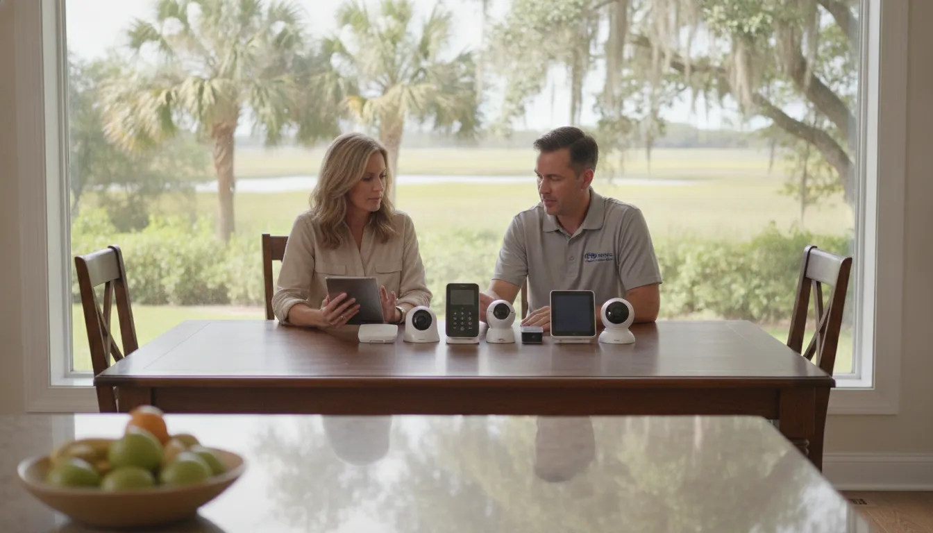 Greenville homeowner comparing no contract home security system options with a local professional